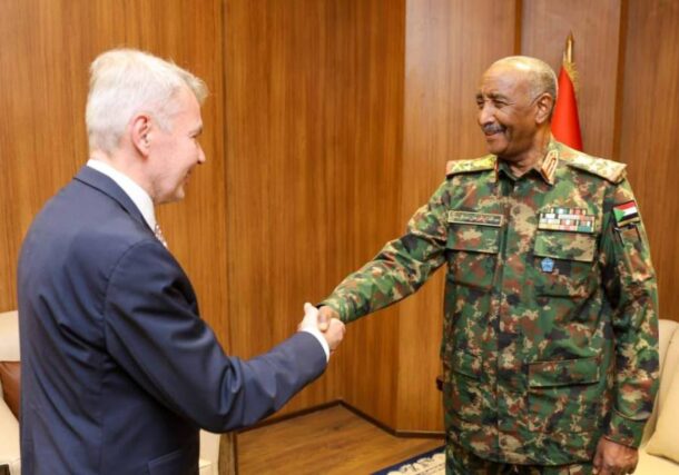 Abdel Fattah al-Burhan shakes hands with Pekka Haavisto UN envoy for Sudan on June 7, 2026