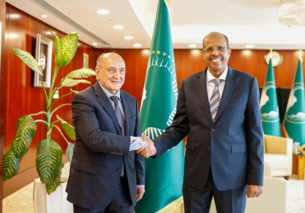 Mahmoud Ali Youssouf, chairperson of the African Union Commission, shakes hands with Mohamed Belaiche, his special representative and head of the AU Liaison Office to Sudan, on June 22, 2026.