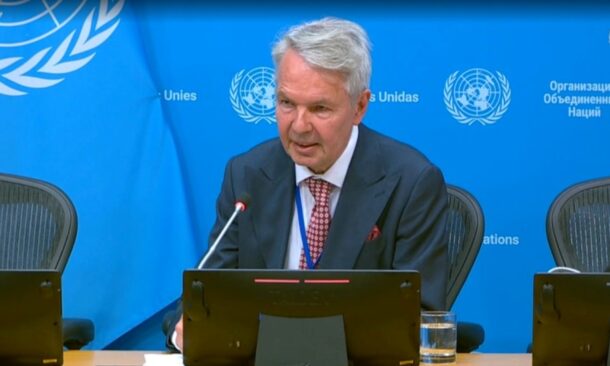 United Nations personal envoy for Sudan Pekka Haavisto speaks to reporters in New York on June 25, 2026