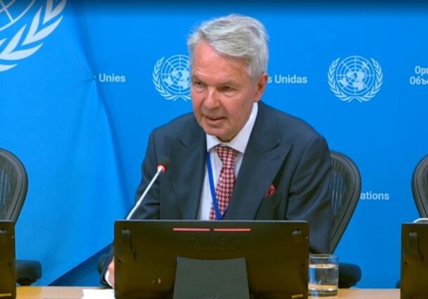 United Nations personal envoy for Sudan Pekka Haavisto speaks to reporters in New York on June 25, 2026