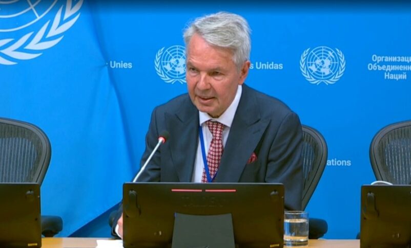 United Nations personal envoy for Sudan Pekka Haavisto speaks to reporters in New York on June 25, 2026