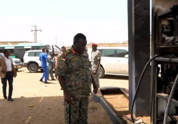 White Nile state governor inspects a damaged fuel station in Kosti after a drone strike on June 21, 2026