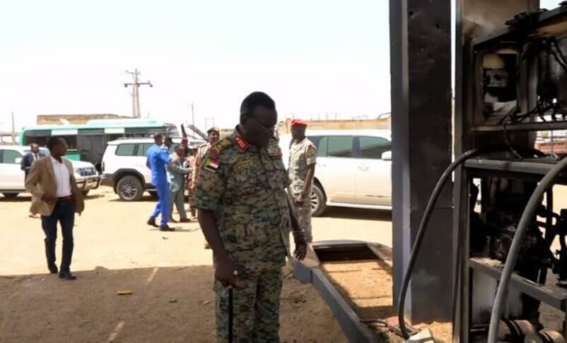 White Nile state governor inspects a damaged fuel station in Kosti after a drone strike on June 21, 2026