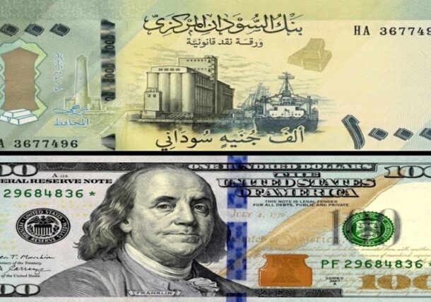 A 1000 Sudanese pound banknote arranged directly above a 100 US dollar bill.
