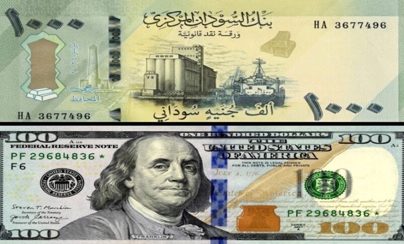 A 1000 Sudanese pound banknote arranged directly above a 100 US dollar bill.