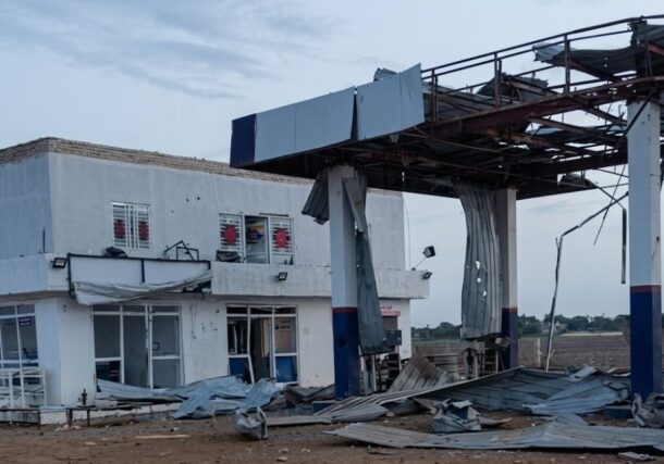 Severe structural damage at a fuel station in Rabak, White Nile state, following a deadly Rapid Support Forces (RSF) drone strike on June 25, 2026.