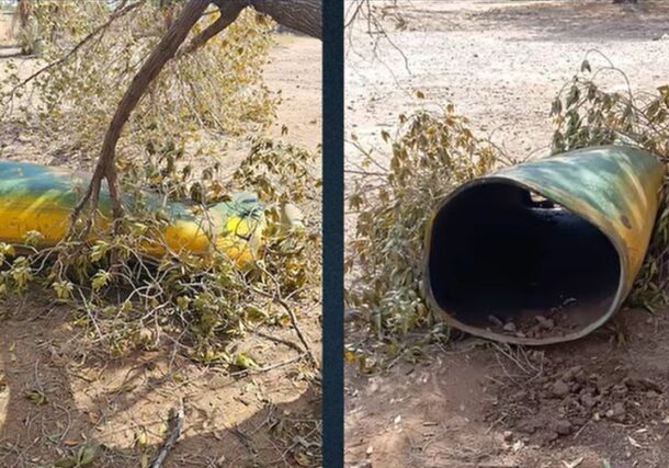 A screenshot from the France 24 investigation video, showing an alleged chlorine barrel reportedly recovered from sites near the al-Jaili oil refinery in Khartoum state.