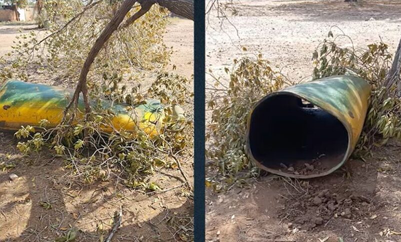 A screenshot from the France 24 investigation video, showing an alleged chlorine barrel reportedly recovered from sites near the al-Jaili oil refinery in Khartoum state.
