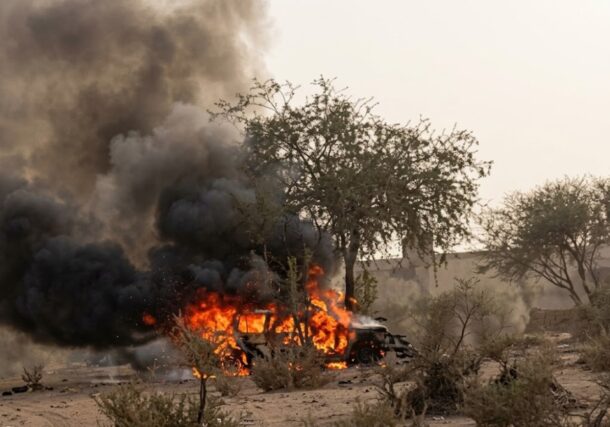 A vehicle engulfed in flames following a Rapid Support Forces (RSF) drone strike inside neighboring Chad, July 21, 2026.