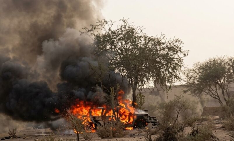 A vehicle engulfed in flames following a Rapid Support Forces (RSF) drone strike inside neighboring Chad, July 21, 2026.