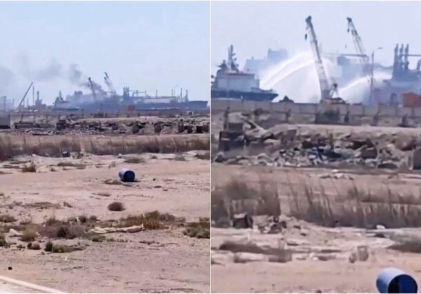 Firefighters spray water on a U.S.-owned gas storage tanker following a reported drone strike at Egypt’s Damietta port on July 29, 2026. Reuters photo