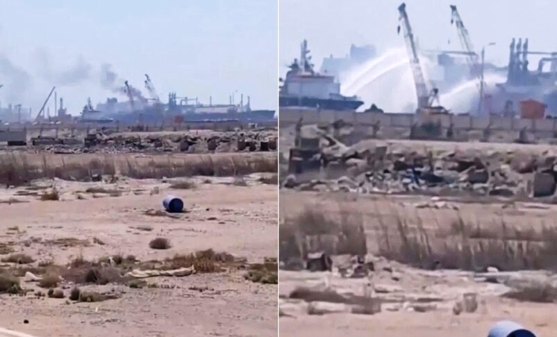 Firefighters spray water on a U.S.-owned gas storage tanker following a reported drone strike at Egypt’s Damietta port on July 29, 2026. Reuters photo