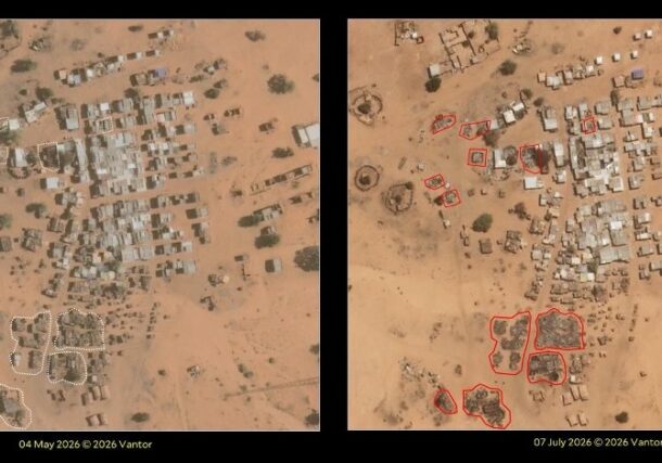 Satellite imagery by HRL between 4 May to 7 July shows dammage on sereval structures following attacks on Um Baru market, North Darfur