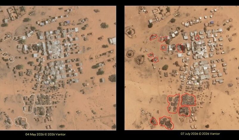 Satellite imagery by HRL between 4 May to 7 July shows dammage on sereval structures following attacks on Um Baru market, North Darfur