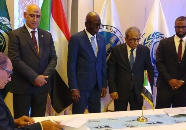 Senior Arab League and Sudanese official attend the signing ceremony of an agreement to rebuild Sudan's transport sector and infrastructure in Khartoum on July 27, 2026