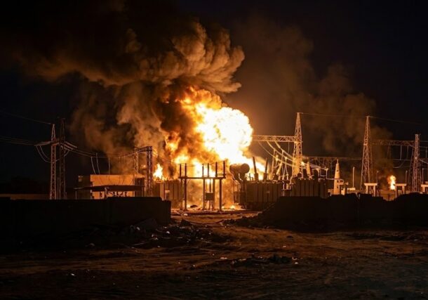 Smoke rises from a power station in Al Dabbah, Northern Sudan, after a suspected RSF drone strike hit the facility, July 15, 2026.
