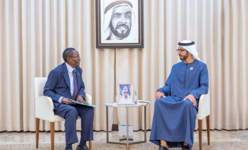 South Sudan's Minister of Foreign Affairs, James Pitia Morgan, received by UAE Minister of State Sheikh Shakhboot bin Nahyan Al Nahyan in Abu Dhabi on July 20, 2026, WAM photo