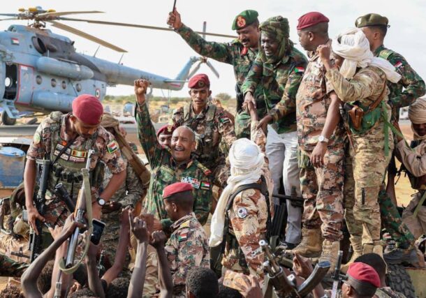 Sudanese army chief General Abdel Fattah al-Burhan visits newly secured areas in North Kordofan, accompanied by SLM leader Minni Minawi and SSF commander Abu Agla Keikel, July 27, 2026.