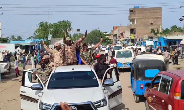 Sudanese army forces welcomed by the resident in s Kurmuk, bBlue Nile region, on July 8, 2026