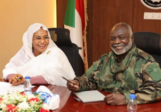 Sudan's Finance Minister Gibril Ibrahim and Central Bank of Sudan Governor Amna Mirghani attend a meeting announcing a banking finance portfolio for the summer agricultural season, in Khartoum, July 9, 2026.