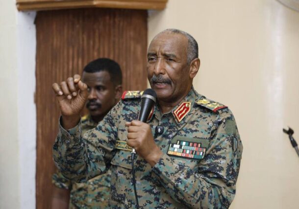 Sudan's military leader General Abdel Fattah al-Burhan addresses worshippers at the Grand Mosque in Al Managil, Jazirah state, on August 21, 2026.