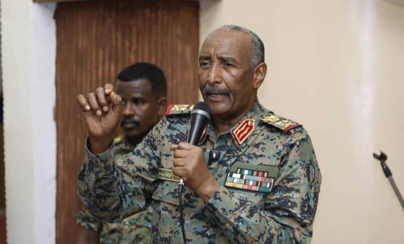 Sudan's military leader General Abdel Fattah al-Burhan addresses worshippers at the Grand Mosque in Al Managil, Jazirah state, on August 21, 2026.