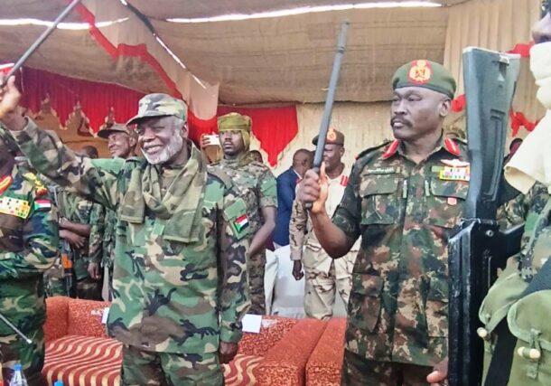 Gibril Ibrahim salutes his fighters in Kharoum on Aug 17, 2026