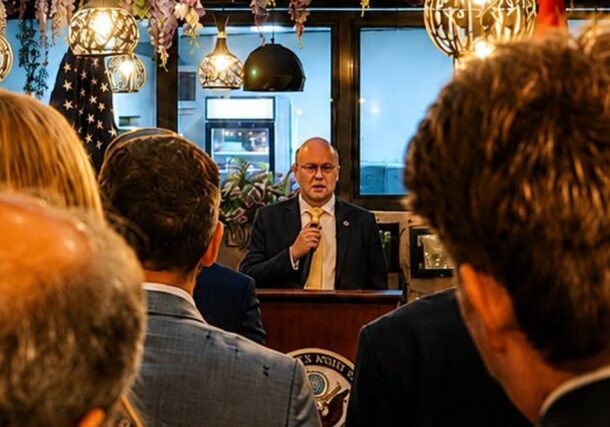 US new Chargé d’Affaires for Sudan, Jonathan Howard speaks at a reception in Addis Ababa on August 26, 2026