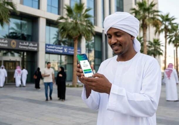Sudanese expatriate in Saudi Arabia smiles while viewing a successful mobile banking transaction on his smartphone. (AI-generated image)