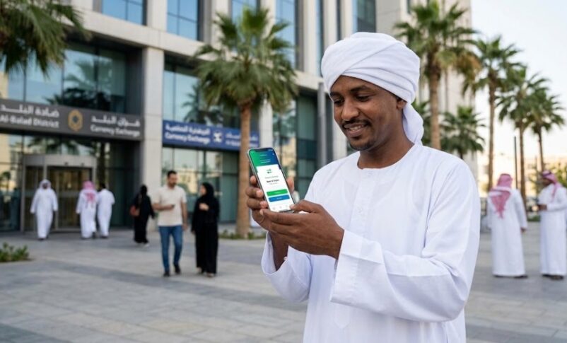 Sudanese expatriate in Saudi Arabia smiles while viewing a successful mobile banking transaction on his smartphone. (AI-generated image)