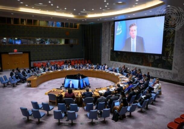 Tom Fletcher (on screen), UN Humanitarian Affairs and Emergency Relief Coordinator, briefs the Security Council meeting on the situation in Sudan on August 24, 2026