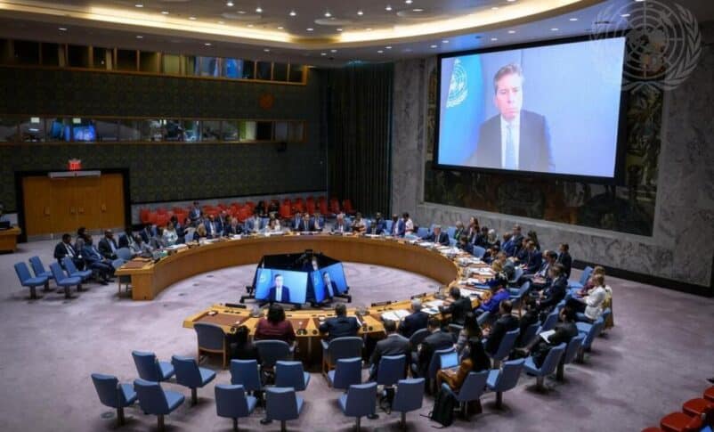 Tom Fletcher (on screen), UN Humanitarian Affairs and Emergency Relief Coordinator, briefs the Security Council meeting on the situation in Sudan on August 24, 2026