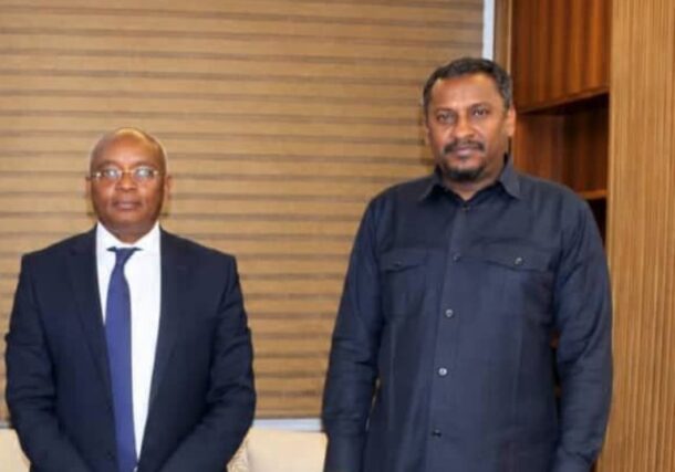 State Minister for Finance Mohamed Nur Abdel-Daim (L) poses with AfDB’s country manager for Sudan, David Muthusi Mutuku in Khartoum on Sept 15, 2026