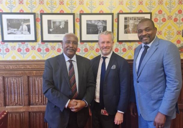 SPLM-RDC leader Yasser Arman (L), British Liberal Democrat peer Lord Jeremy Purvis (C), and SPLM-RDC spokesperson Nazar Yousif Eltahir (R) meet at the Houses of Parliament in London, Britain, September 23, 2026.