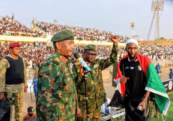 Sudan's army chief Abdel Fattah al-Burhan addresses thousands of youth gathered at Khartoum Stadium on September 26, 2026.