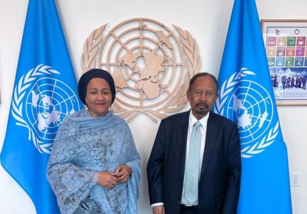 Former PM Abdalla Hamdok poses with UN Deputy Secretary-General Amina Mohammed in New York on Sept 20, 2026