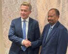 Former prime minister Abdalla Hamdok, shakes hands with Norwegian State Secretary Andreas Kravik in New York on Sept 22, 2026