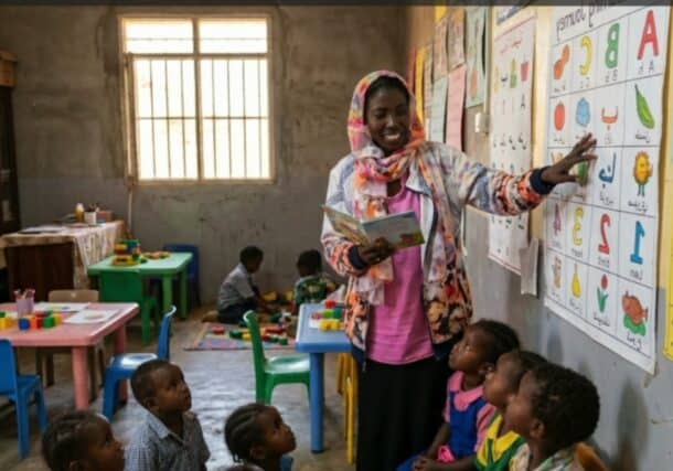 Sudanese volunteer KhadmAlla Musa Abdelghani teaches young children in a makeshift classroom in Khartoum Bahri, in an undated file photograph.