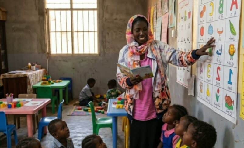 Sudanese volunteer KhadmAlla Musa Abdelghani teaches young children in a makeshift classroom in Khartoum Bahri, in an undated file photograph.