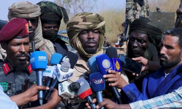 Al-Tayeb al-Wahidu, commander of a splinter faction of the paramilitary Rapid Support Forces (RSF), speaks to the media in Omdurman, Sudan, Sept. 25, 2026.