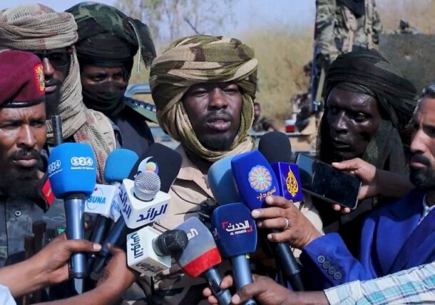 Al-Tayeb al-Wahidu, commander of a splinter faction of the paramilitary Rapid Support Forces (RSF), speaks to the media in Omdurman, Sudan, Sept. 25, 2026.