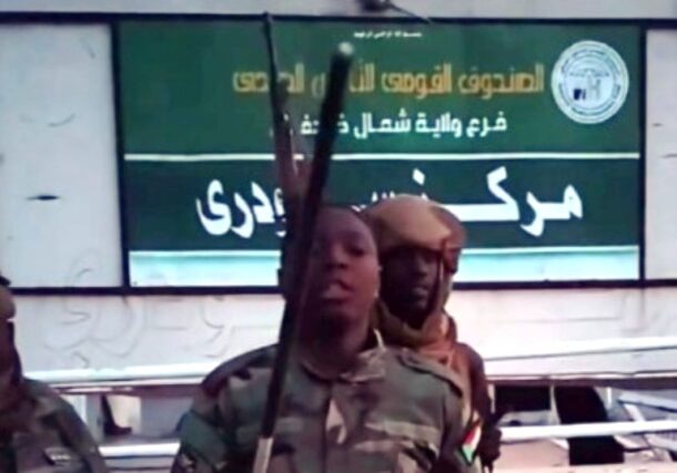 Sudanese soldiers pose outside a medical dispensary in Sodari, North Kordofan , on Sept 25, 2026