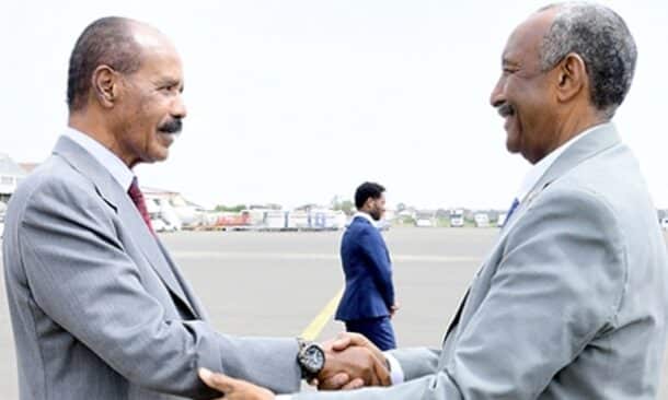 Sudan's Abdel Fattah al-Burhan received by Eritrean President Isaias Afwerki at Asmara Airport on Sept 4, 2026, Erina photo