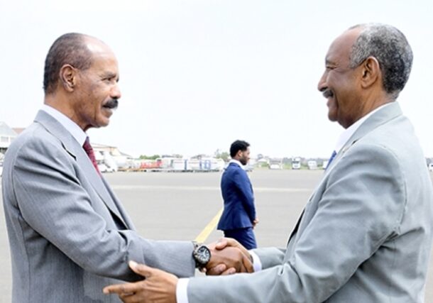 Sudan's Abdel Fattah al-Burhan received by Eritrean President Isaias Afwerki at Asmara Airport on Sept 4, 2026, Erina photo