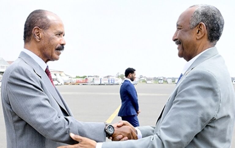 Sudan's Abdel Fattah al-Burhan received by Eritrean President Isaias Afwerki at Asmara Airport on Sept 4, 2026, Erina photo