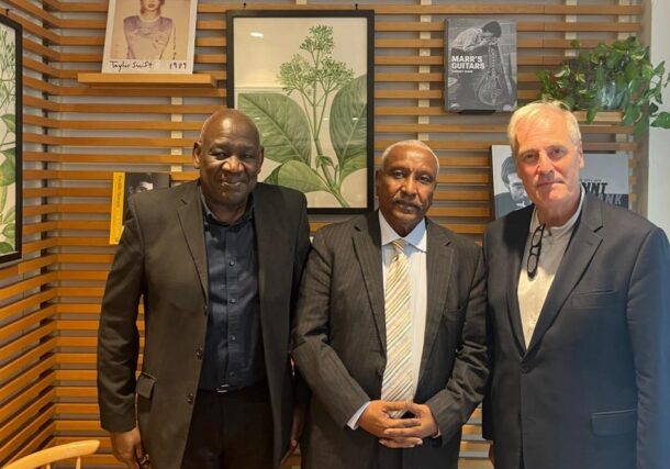 Yasir Arman (C) and Ali Abdelatif met with Lord Michael Bates (R) in London on Sept 22, 2026