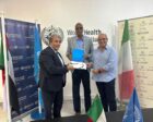 Abdinasir Abubakar (C), WHO Sudan representative, poses with Italian Ambassador Silvio Mignano (R) and Michele Morana, Head of the Office of Italian Agency for Cooperation in Khartoum on Oct 3, 2026.