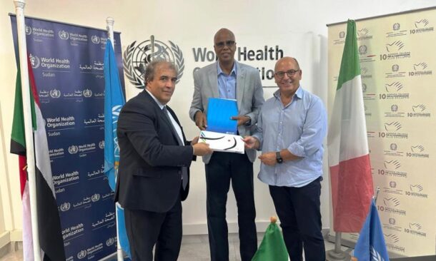 Abdinasir Abubakar (C), WHO Sudan representative, poses with Italian Ambassador Silvio Mignano (R) and Michele Morana, Head of the Office of Italian Agency for Cooperation in Khartoum on Oct 3, 2026.