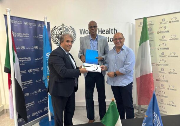 Abdinasir Abubakar (C), WHO Sudan representative, poses with Italian Ambassador Silvio Mignano (R) and Michele Morana, Head of the Office of Italian Agency for Cooperation in Khartoum on Oct 3, 2026.