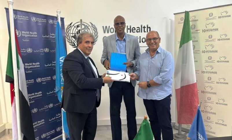 Abdinasir Abubakar (C), WHO Sudan representative, poses with Italian Ambassador Silvio Mignano (R) and Michele Morana, Head of the Office of Italian Agency for Cooperation in Khartoum on Oct 3, 2026.